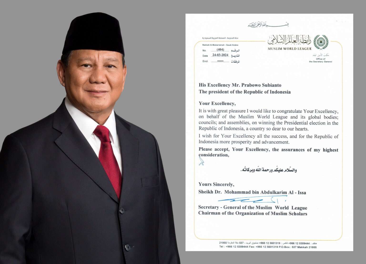 The World Muslim League Extends Congratulations to Prabowo Subianto on Presidential Victory