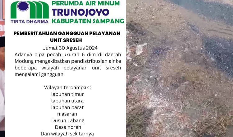 Pipa PDAM Bangkalan Bocor, Dampaknya Terasa di Wilayah Kecamatan Sreseh Sampang