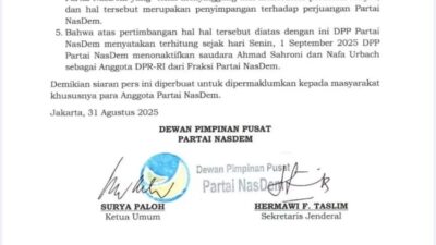 Partai NasDem Nonaktifkan Ahmad Sahroni dan Nafa Urbach Dari DPR RI